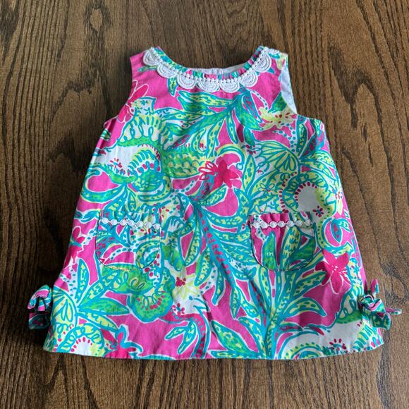 Lilly Pulitzer Baby Dress Size 6-12M Scallop Trim Pink Green Palm Leaf Floral - Picture 1 of 7